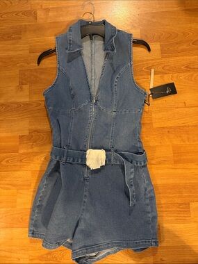 iris Sleeveless Denim Romper in Blue with Belt